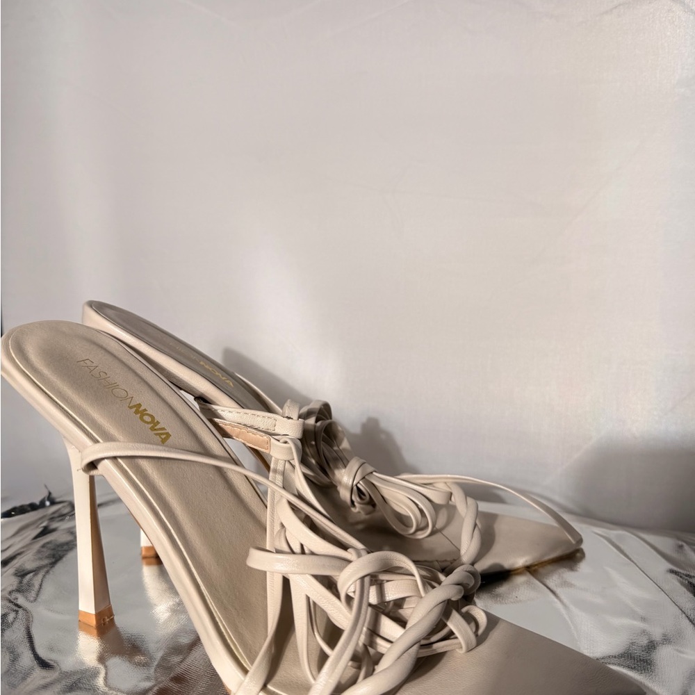 Fashion Nova Cream Strappy Knot Mules